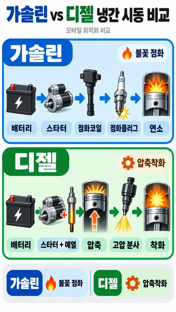 가솔린 vs 디젤 냉간 시동 비교