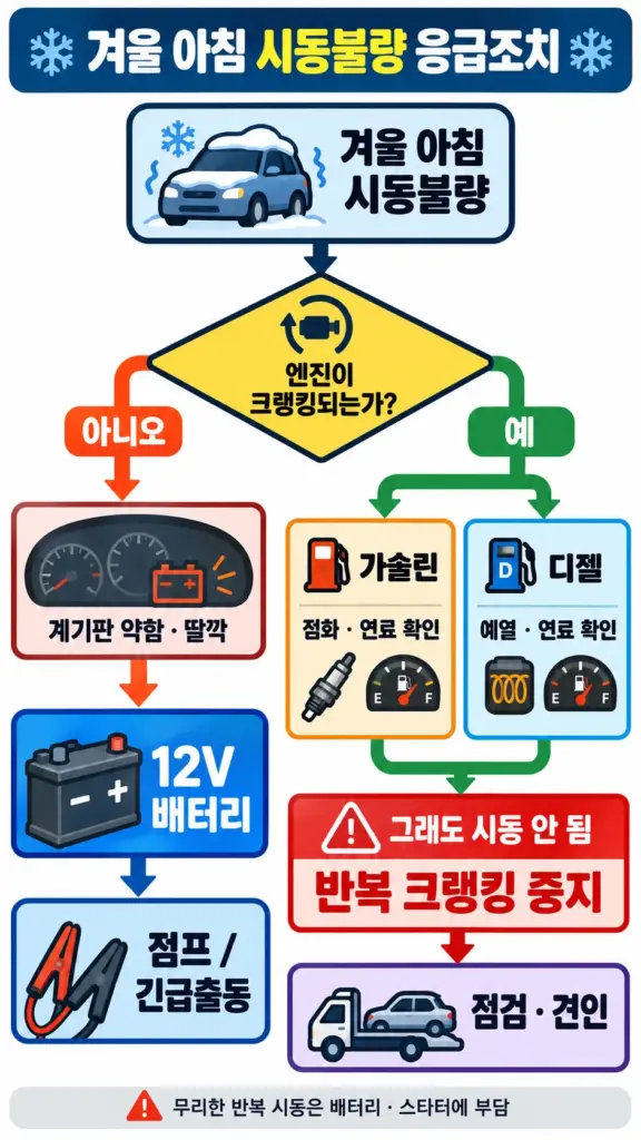 겨울 아침 시동불량 응급조치 안내