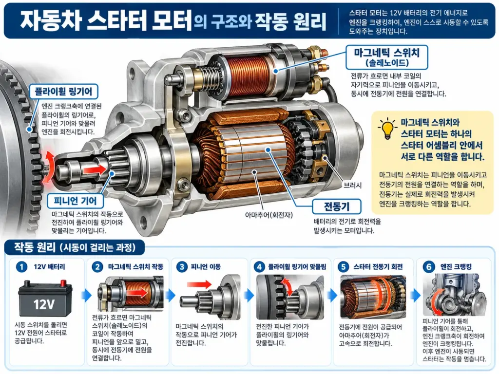 자동차 스타터 모터 구조와 작동 원리 인포그래픽